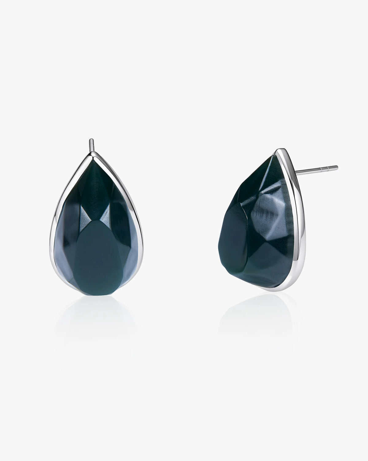 Black Green Hetian Nephrite waterdrop shaped The Facets Lumen Earrings in silver