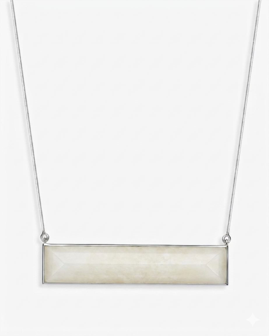White Hetian Nephrite Jade Plateau Necklace Silver Rectangle