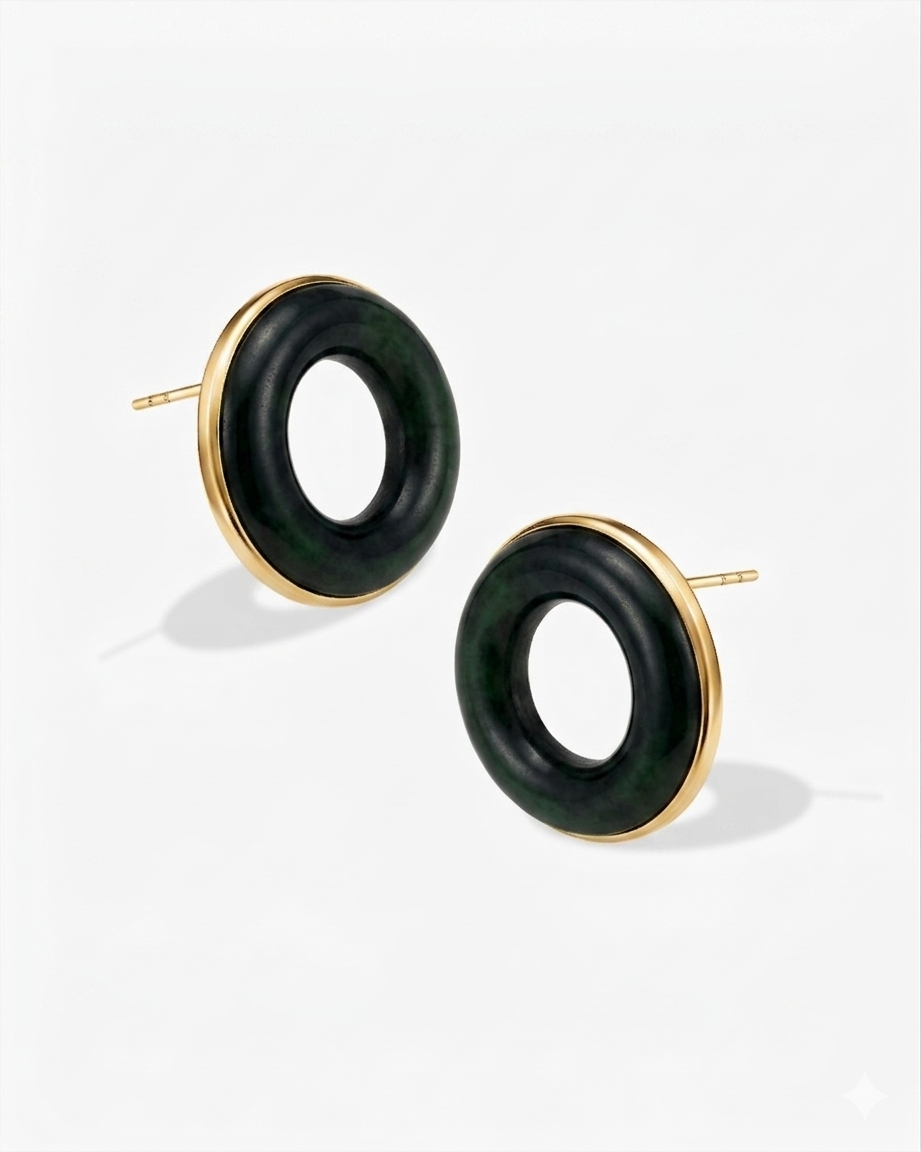 Black Green Hetian Nephrite Jade Halo Earrings Gold Circles