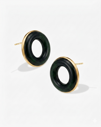 Black Green Hetian Nephrite Jade Halo Earrings Gold Circles