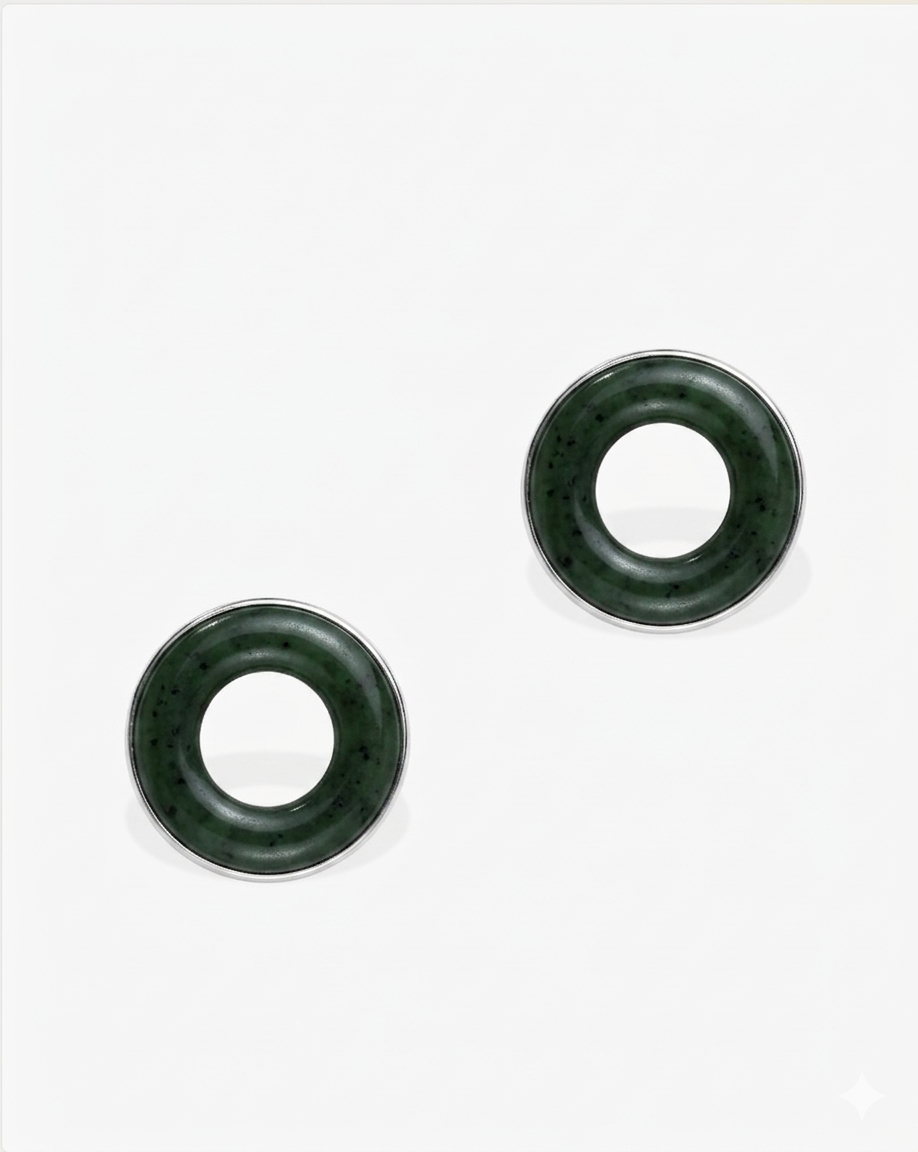 Black Green Hetian Nephrite Jade Halo Earrings Silver Circles