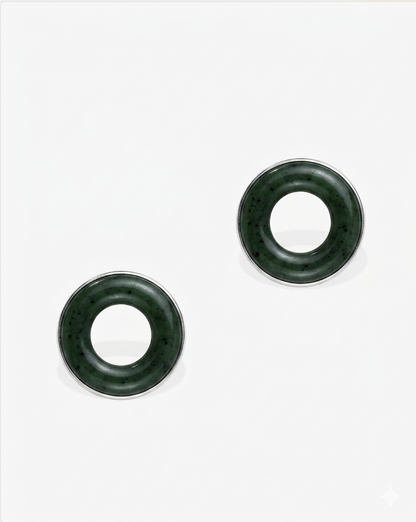 Black Green Hetian Nephrite Jade Halo Earrings Silver Circles