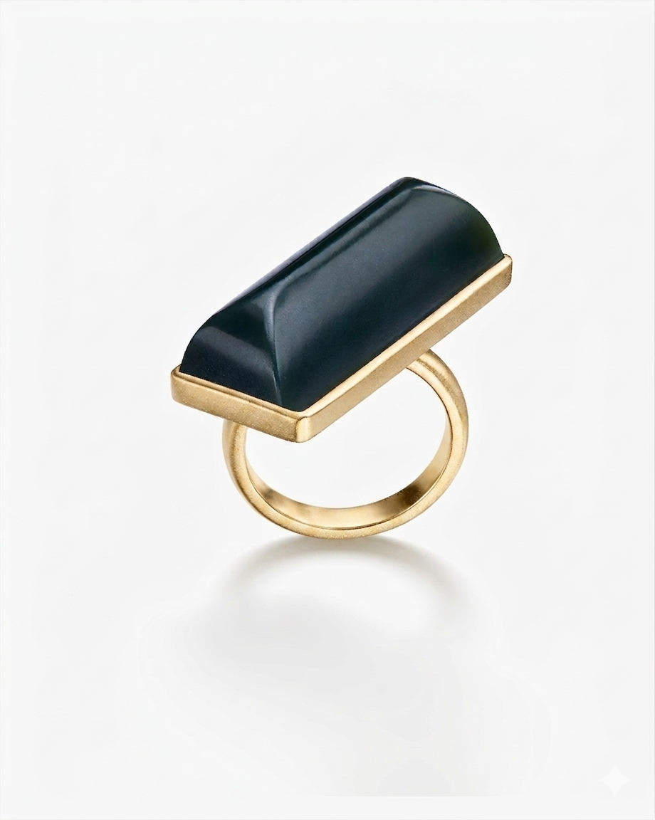 Black Green Hetian Nephrite Jade Vertex Ring Gold Irregular Rectangle