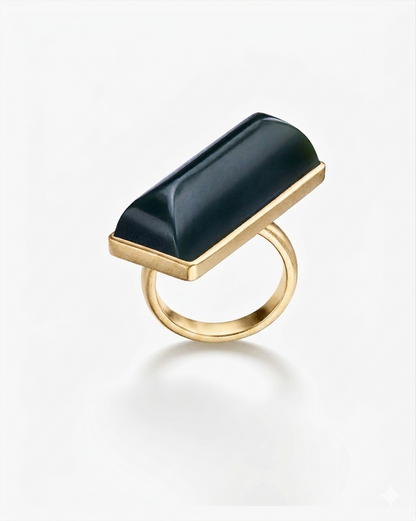Black Green Hetian Nephrite Jade Vertex Ring Gold Irregular Rectangle