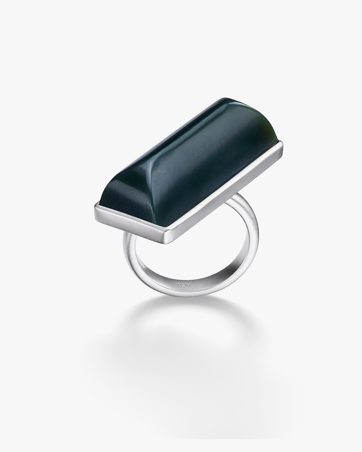 Black Green Hetian Nephrite Jade Vertex Ring Silver Irregular Rectangle