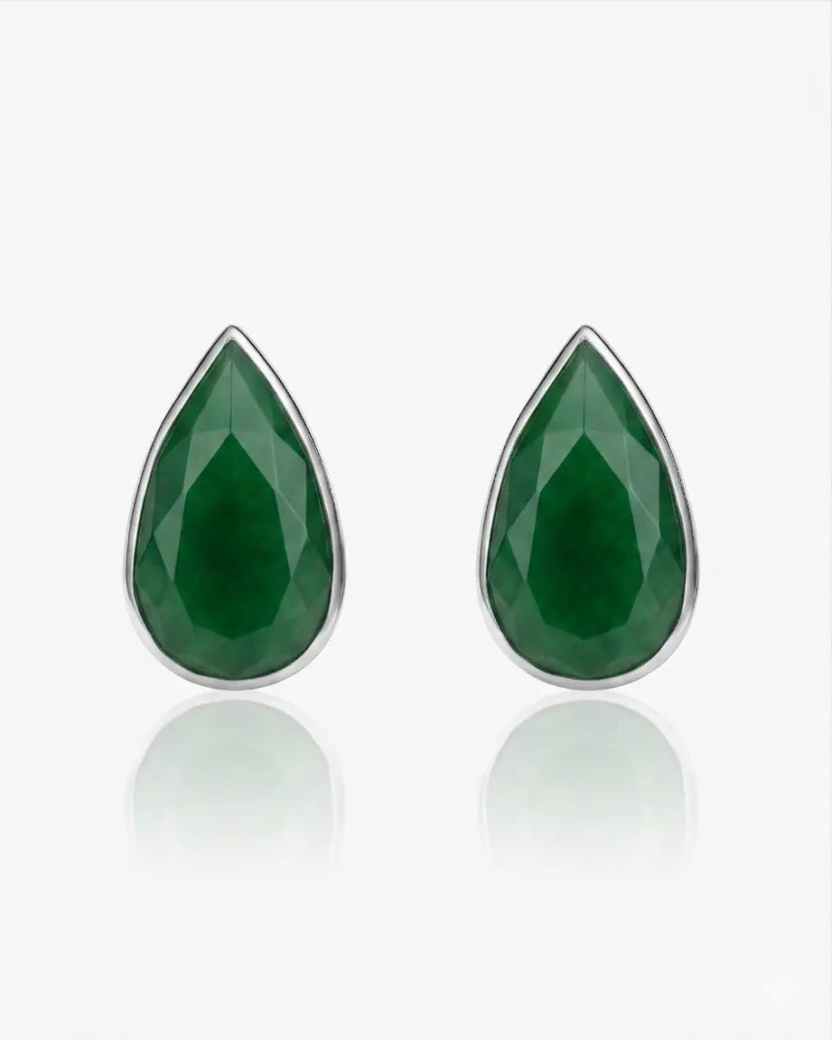 Emerald Green Hetian Nephrite waterdrop shaped The Facets Lumen Earrings in silver 
