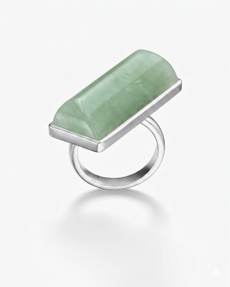Green Hetian Nephrite Jade Vertex Ring Silver Irregular Rectangle