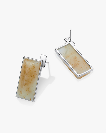 Hetian Nephrite Jade Ridge Earrings Silver Rectangle 