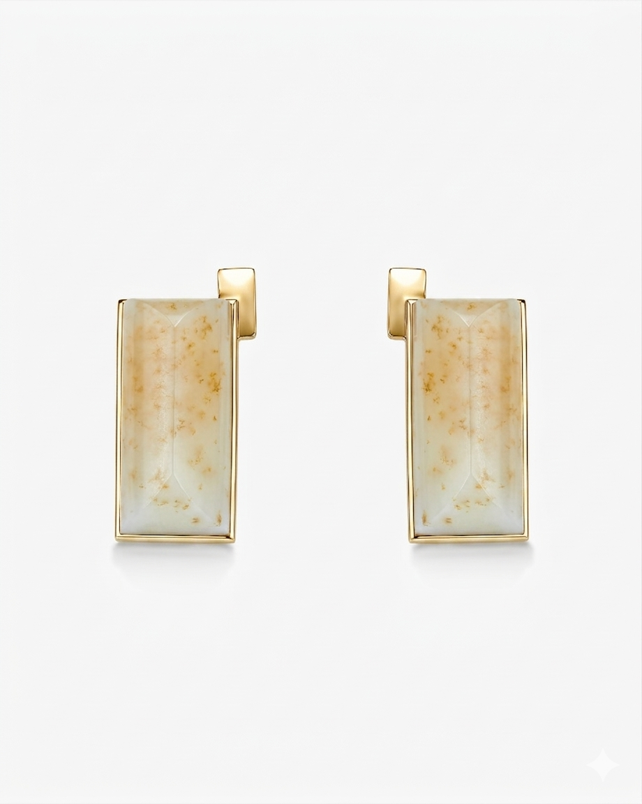 Hetian Nephrite Jade Ridge Earrings Silver Rectangle 