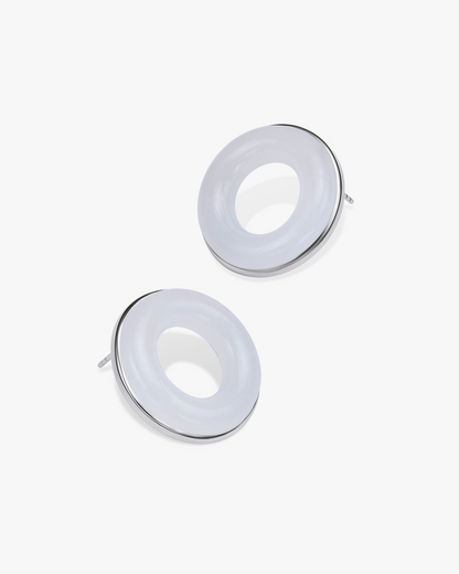 White Hetian Nephrite Jade Halo Earrings Silver Circles