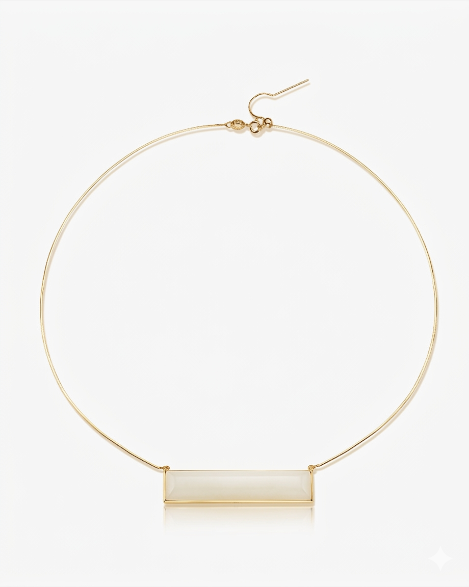 White Hetian Nephrite Jade Plateau Necklace Gold Rectangle 