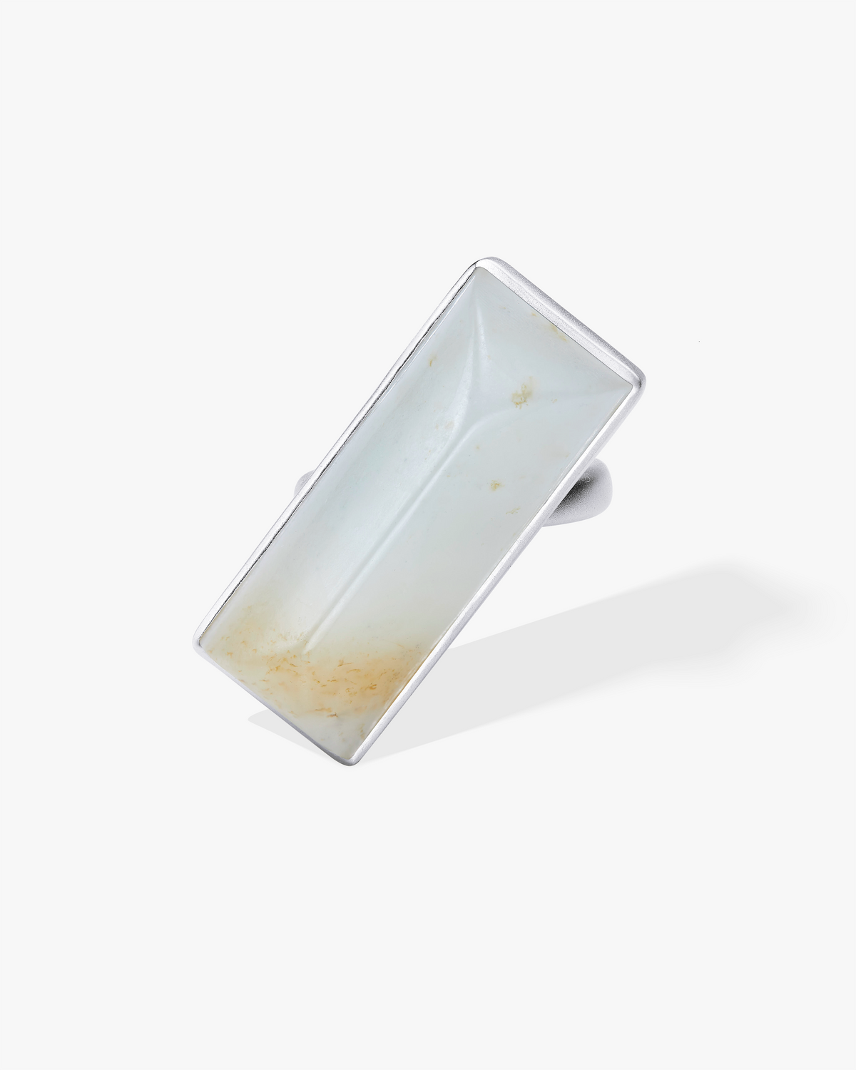 White Hetian Nephrite Jade Vertex Ring Silver Irregular Rectangle