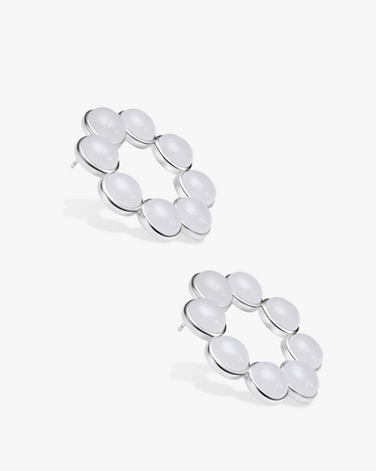 White Hetian Nephrite Jade Orbit Earrings The Dots in silver circles