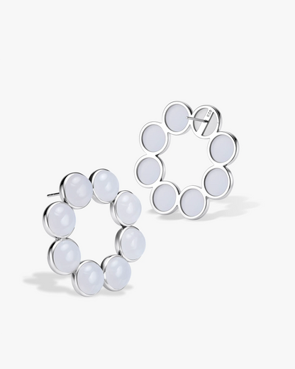 White Hetian Nephrite Jade Orbit Earrings The Dots in silver circles