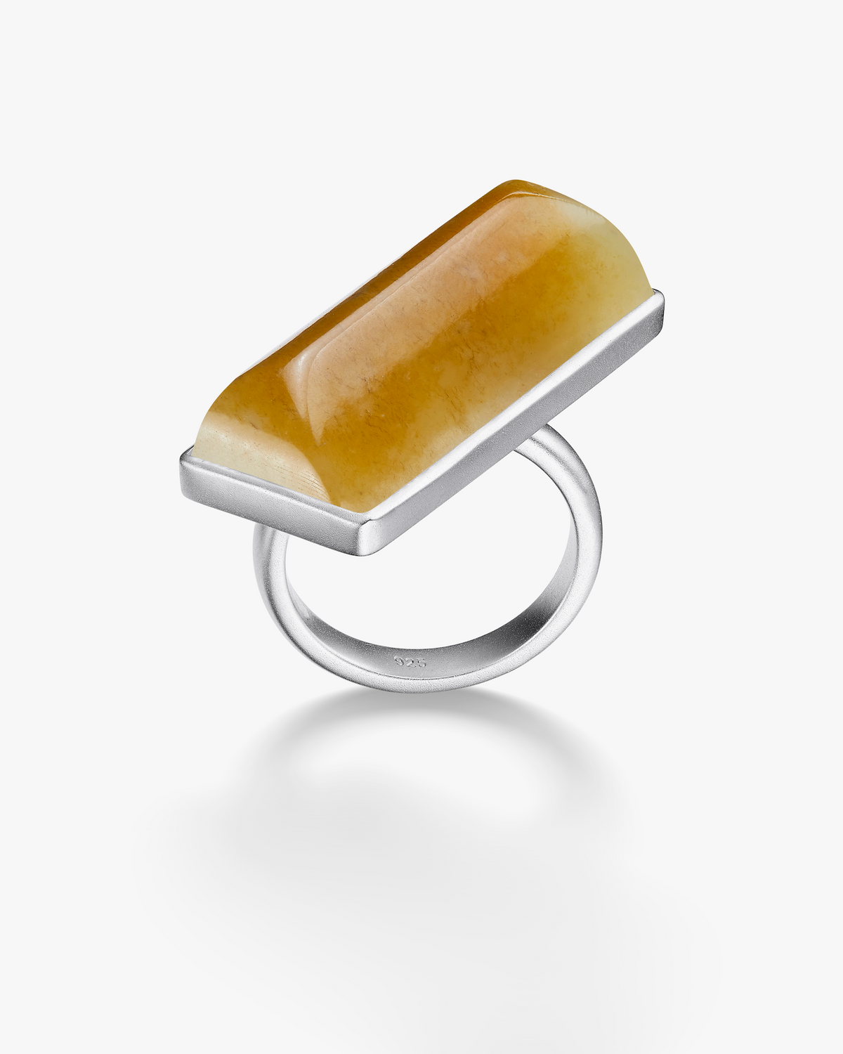 Yellow Tan Hetian Nephrite Jade Vertex Ring Silver Irregular Rectangle
