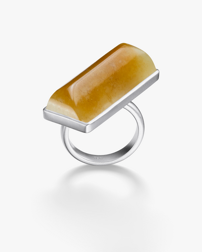 Yellow Tan Hetian Nephrite Jade Vertex Ring Silver Irregular Rectangle